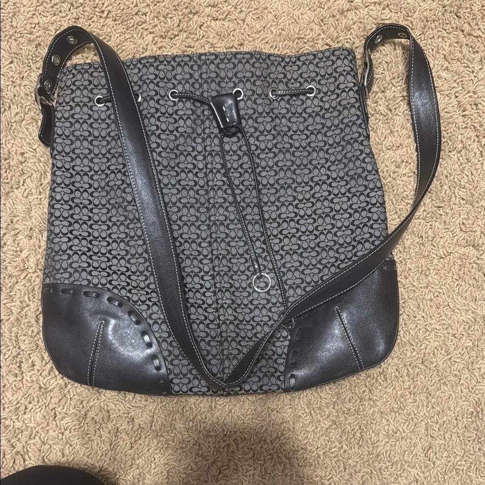 Coach Gray and Black Shoulder Bag with Leather Trim